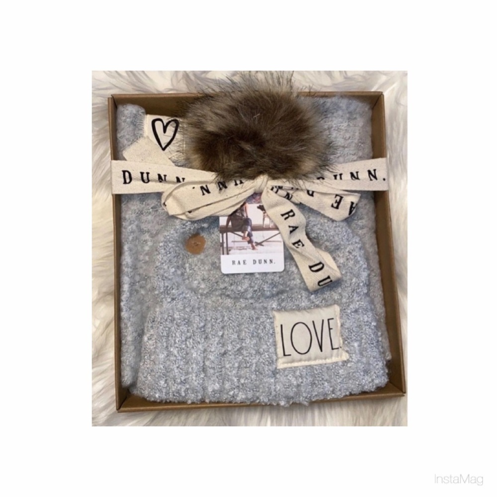 NEW Rae Dunn Love Hat & Scarf Set Gray
